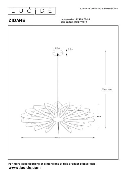 Lucide ZIDANE - Suspension - Ø 76 cm - 1xE27 - Noir - TECHNISCH